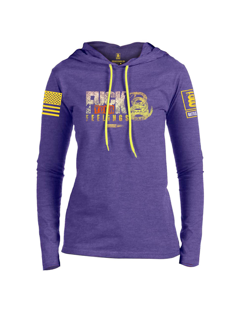 Battleraddle Fuck Your Feelings Yellow Sleeve Print Womens Thin Cotton Lightweight Hoodie