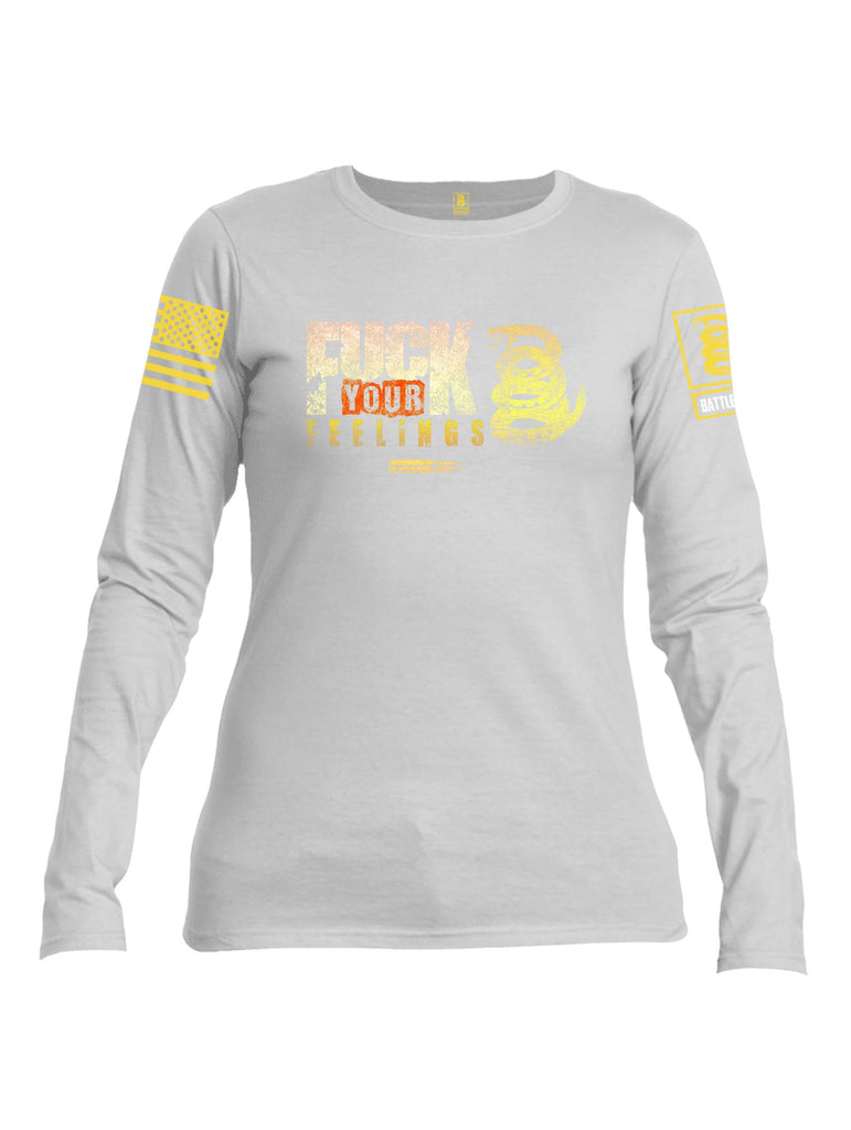 Battleraddle Fuck Your Feelings Yellow Sleeve Print Womens Cotton Long Sleeve Crew Neck T Shirt