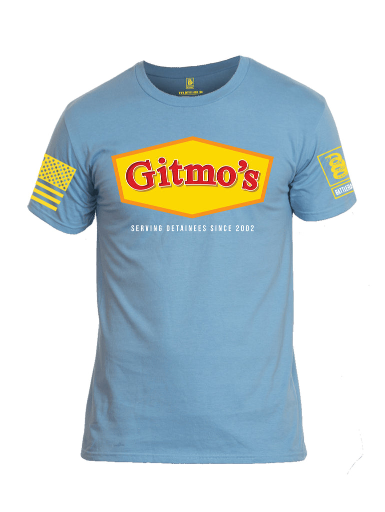 Battleraddle Gitmos Serving Detainees Since 2002 Yellow Sleeve Print Mens Cotton Crew Neck T Shirt