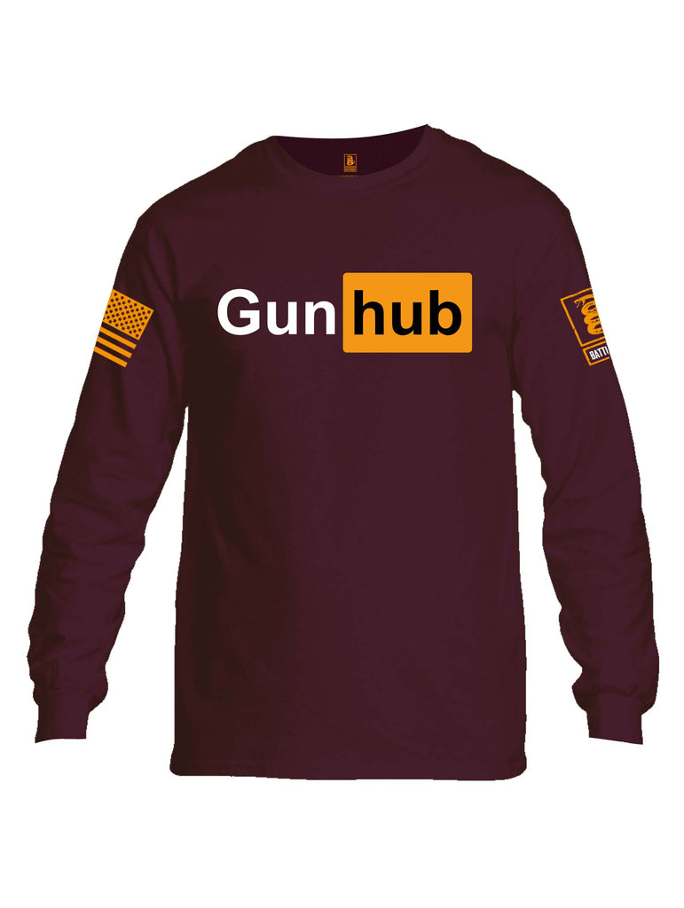 Battleraddle Gun Hub Orange Sleeve Print Mens Cotton Long Sleeve Crew Neck T Shirt