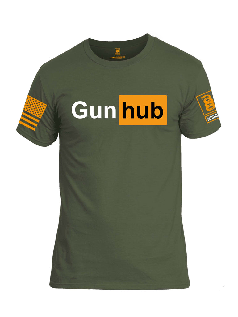 Battleraddle Gun Hub Orange Sleeve Print Mens Cotton Crew Neck T Shirt