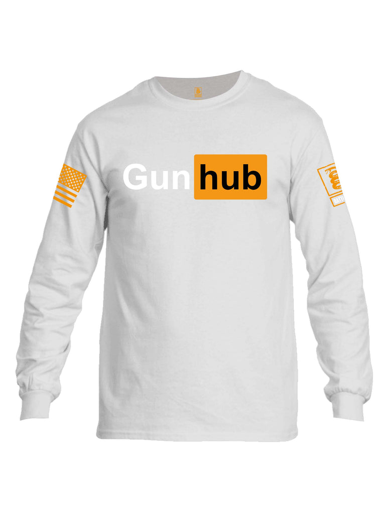 Battleraddle Gun Hub Orange Sleeve Print Mens Cotton Long Sleeve Crew Neck T Shirt