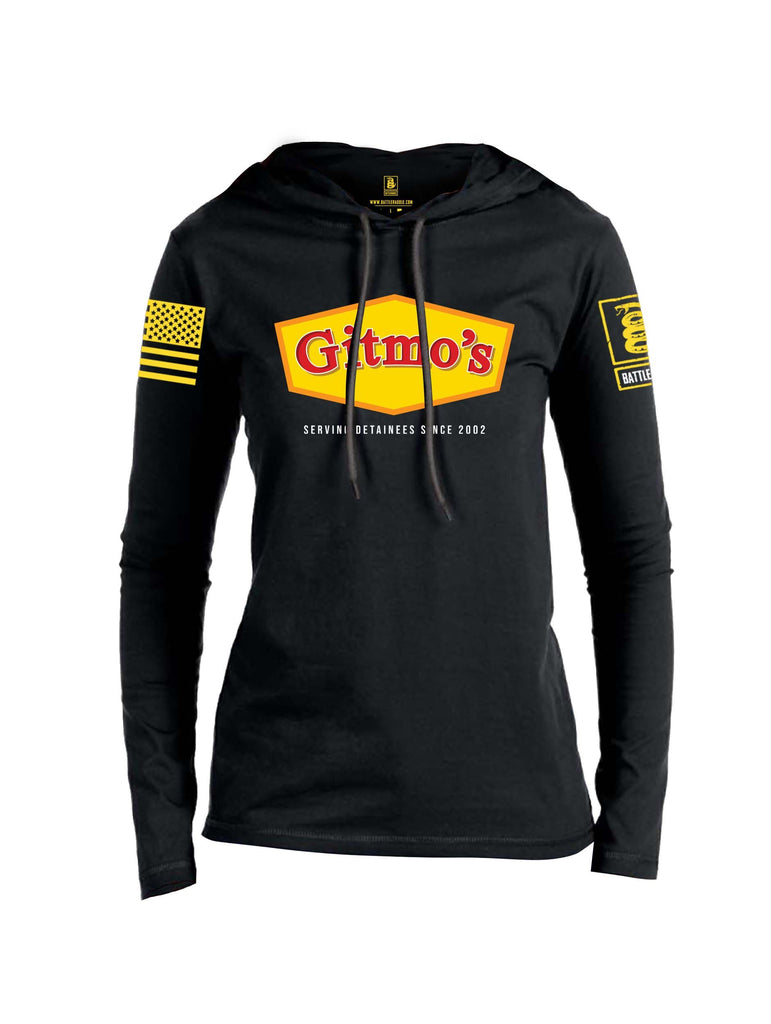 Battleraddle GITMOS Serving Detainees Since 2002 Yellow Sleeve Print Womens Thin Cotton Lightweight Hoodie