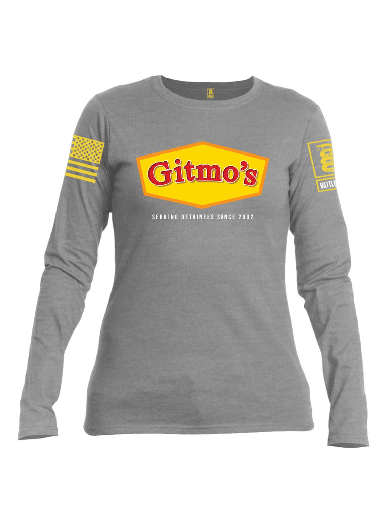 Battleraddle GITMOS Serving Detainees Since 2002 Yellow Sleeve Print Womens Cotton Long Sleeve Crew Neck T Shirt