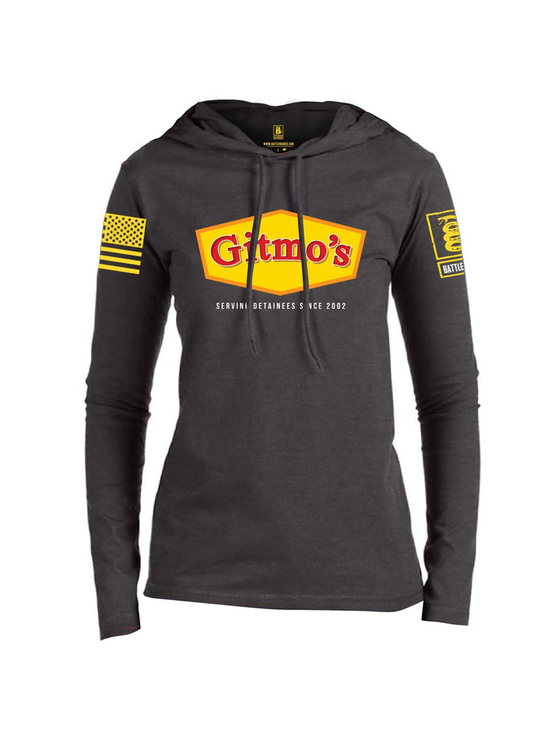 Battleraddle GITMOS Serving Detainees Since 2002 Yellow Sleeve Print Womens Thin Cotton Lightweight Hoodie