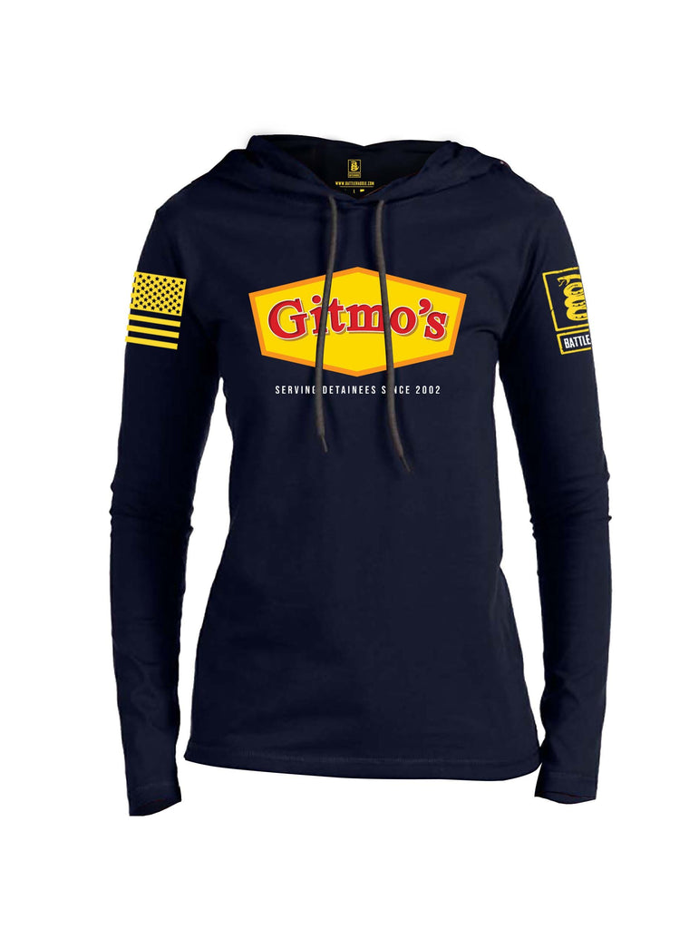 Battleraddle GITMOS Serving Detainees Since 2002 Yellow Sleeve Print Womens Thin Cotton Lightweight Hoodie