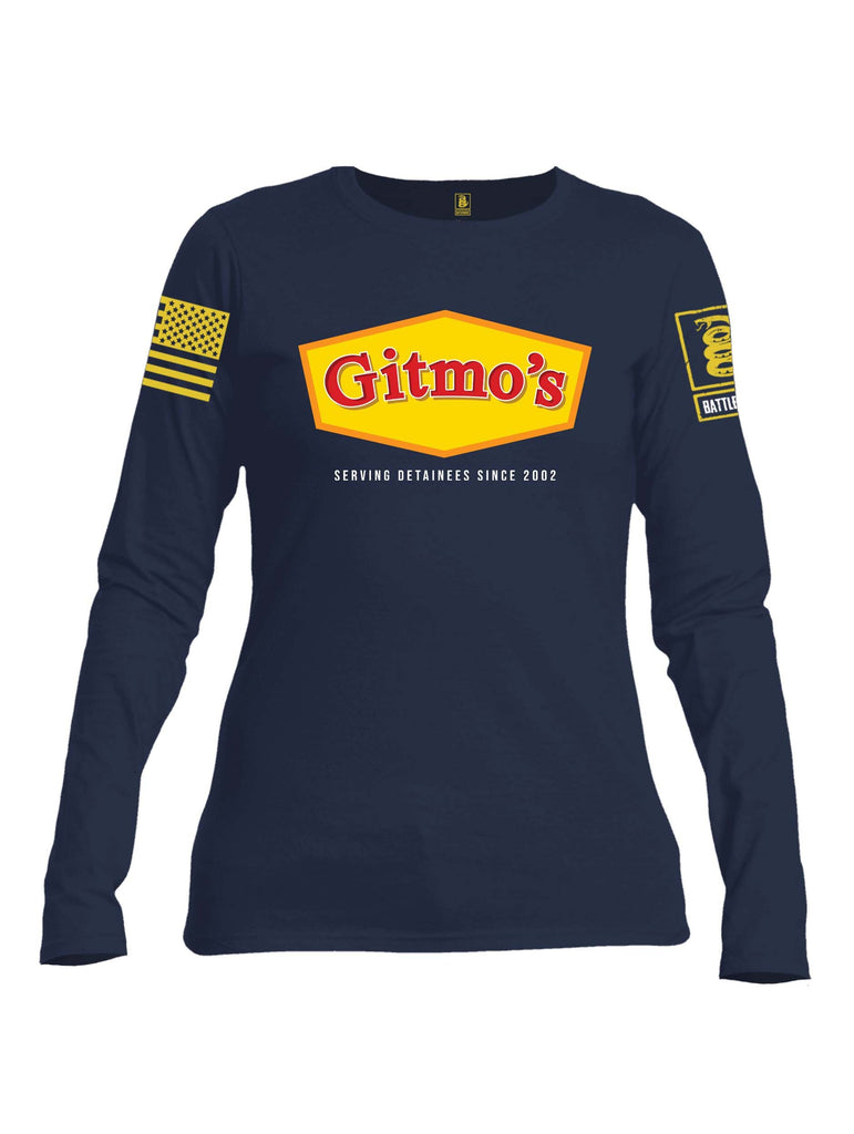 Battleraddle GITMOS Serving Detainees Since 2002 Yellow Sleeve Print Womens Cotton Long Sleeve Crew Neck T Shirt