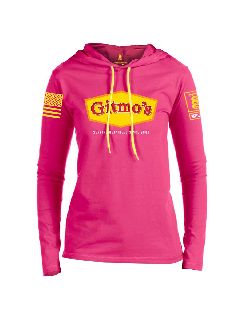 Battleraddle GITMOS Serving Detainees Since 2002 Yellow Sleeve Print Womens Thin Cotton Lightweight Hoodie