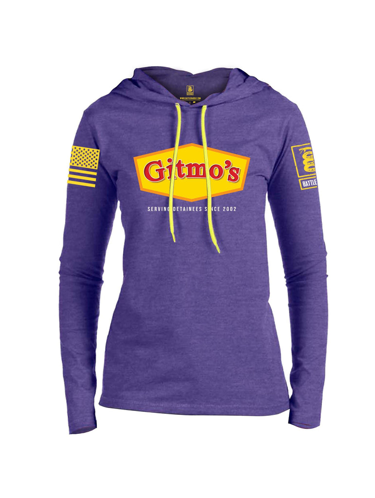 Battleraddle GITMOS Serving Detainees Since 2002 Yellow Sleeve Print Womens Thin Cotton Lightweight Hoodie