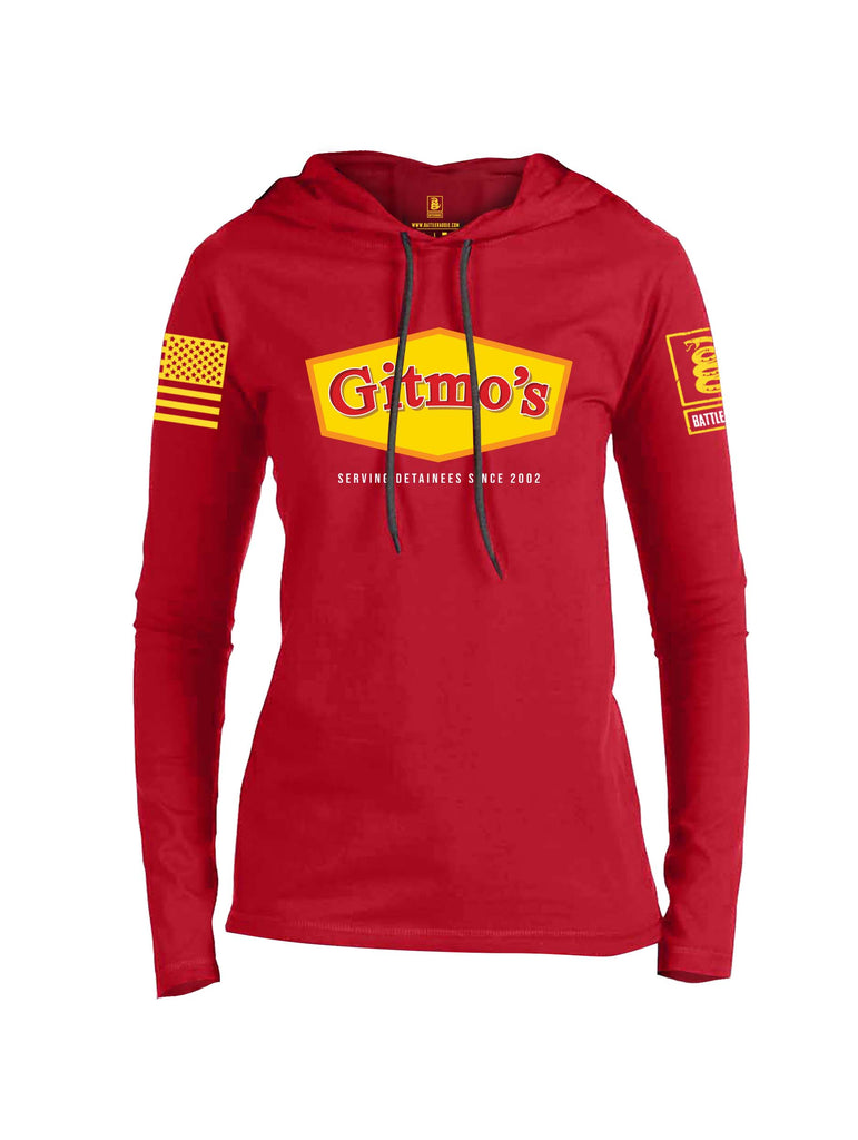 Battleraddle GITMOS Serving Detainees Since 2002 Yellow Sleeve Print Womens Thin Cotton Lightweight Hoodie