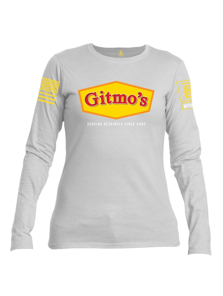 Battleraddle GITMOS Serving Detainees Since 2002 Yellow Sleeve Print Womens Cotton Long Sleeve Crew Neck T Shirt
