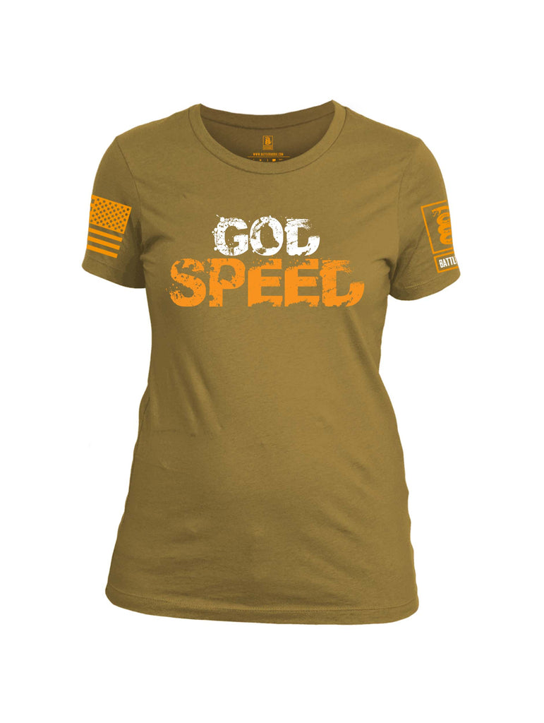 Battleraddle God Speed Yellow Sleeve Print Womens Cotton Crew Neck T Shirt