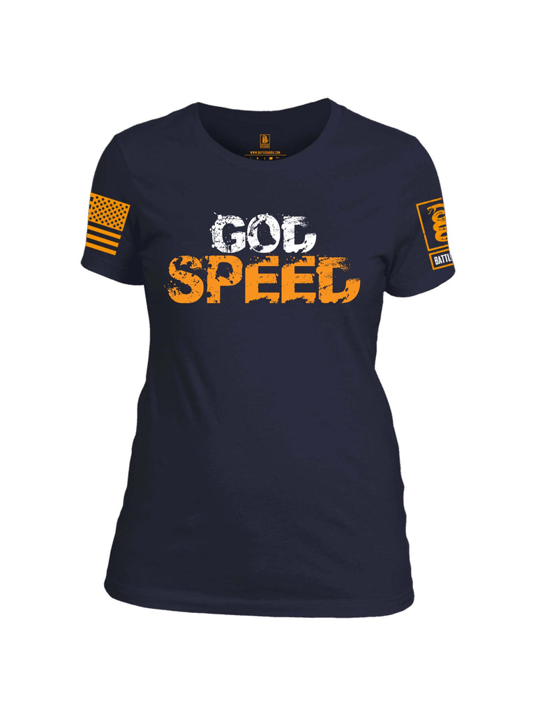 Battleraddle God Speed Yellow Sleeve Print Womens Cotton Crew Neck T Shirt