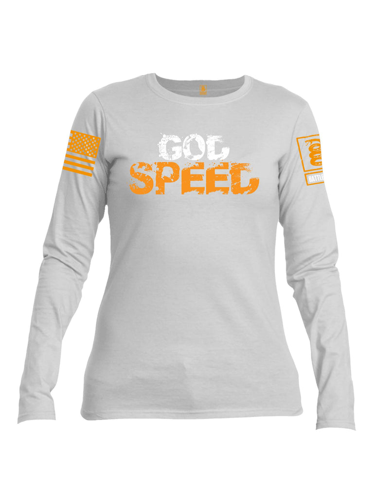 Battleraddle God Speed Yellow Sleeve Print Womens Cotton Long Sleeve Crew Neck T Shirt
