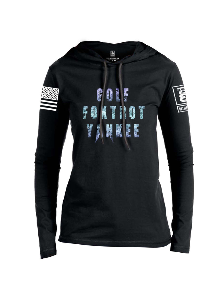 Battleraddle Golf Foxtrot Yankee White Sleeve Print Womens Thin Cotton Lightweight Hoodie