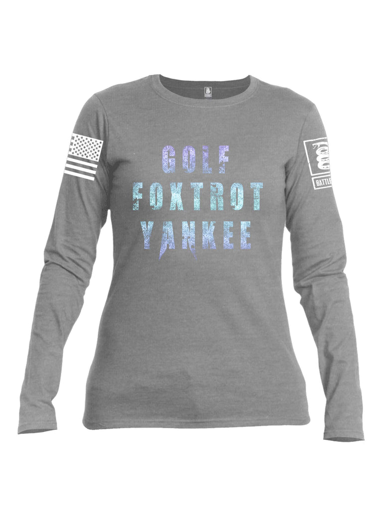 Battleraddle Golf Foxtrot Yankee White Sleeve Print Womens Cotton Long Sleeve Crew Neck T Shirt