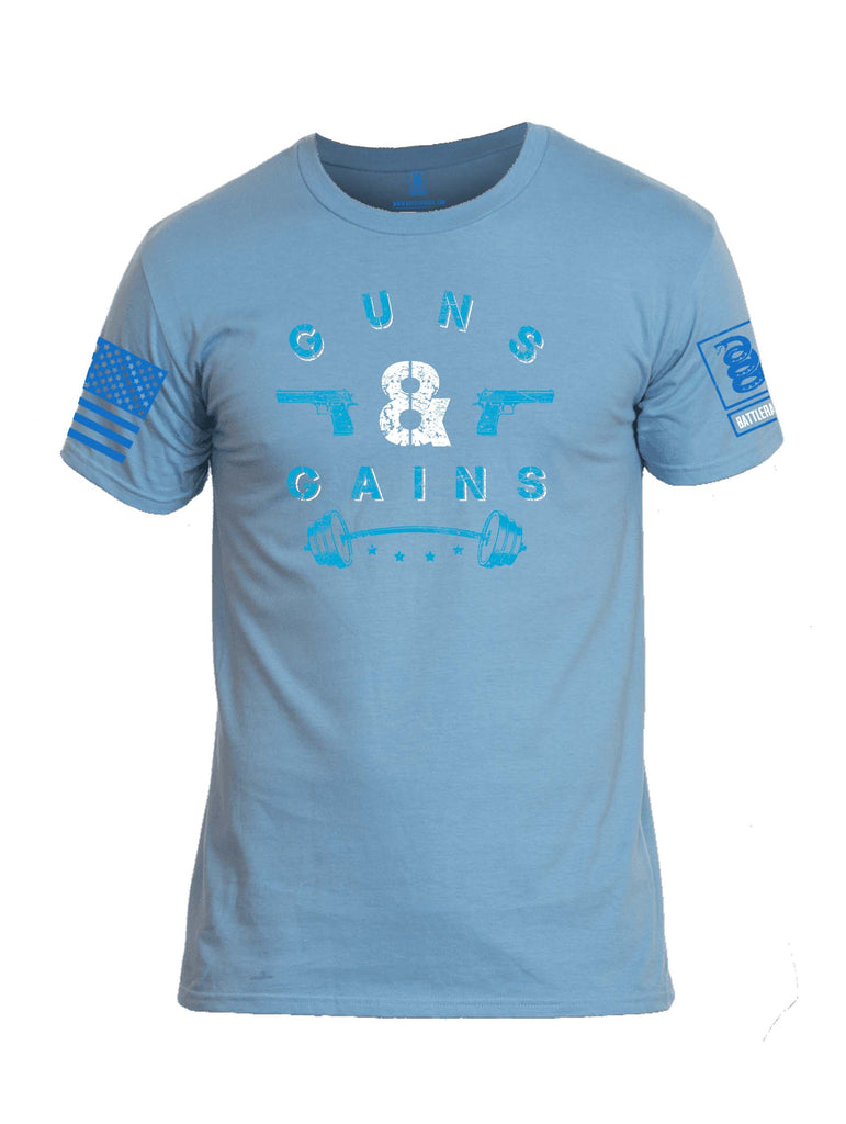 Battleraddle Guns & Gains Blue Sleeve Print Mens Cotton Crew Neck T Shirt