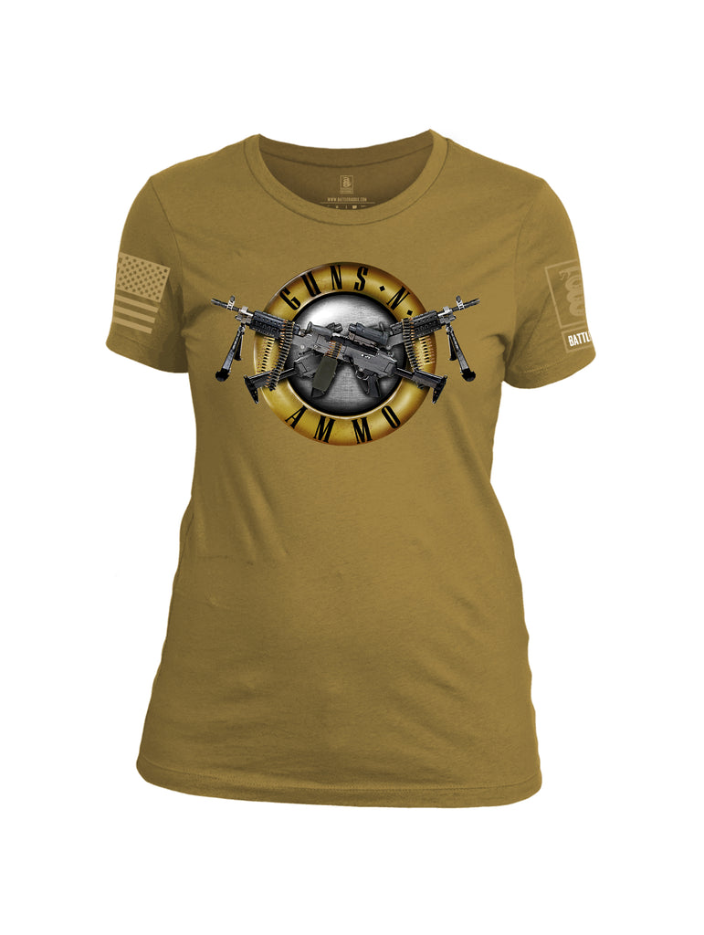 Battleraddle Guns N Ammo Brass Sleeve Print Womens Cotton Crew Neck T Shirt
