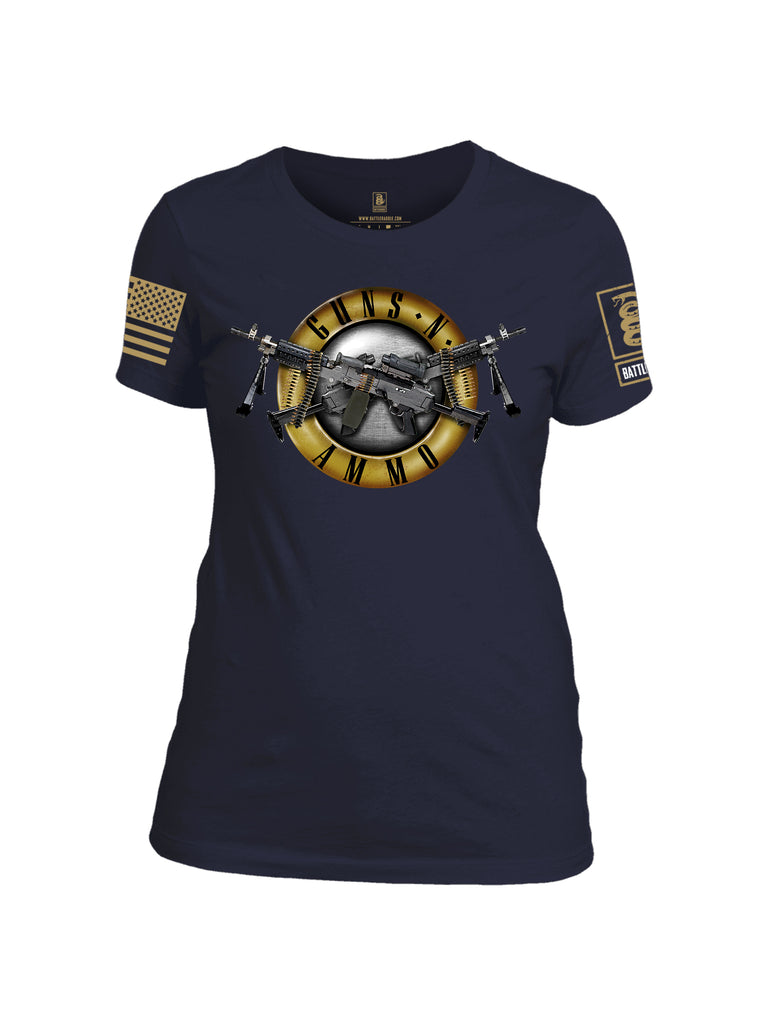 Battleraddle Guns N Ammo Brass Sleeve Print Womens Cotton Crew Neck T Shirt