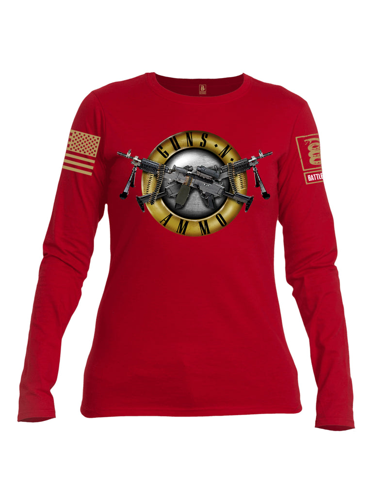 Battleraddle Guns N Ammo Brass Sleeve Print Womens Cotton Long Sleeve Crew Neck T Shirt