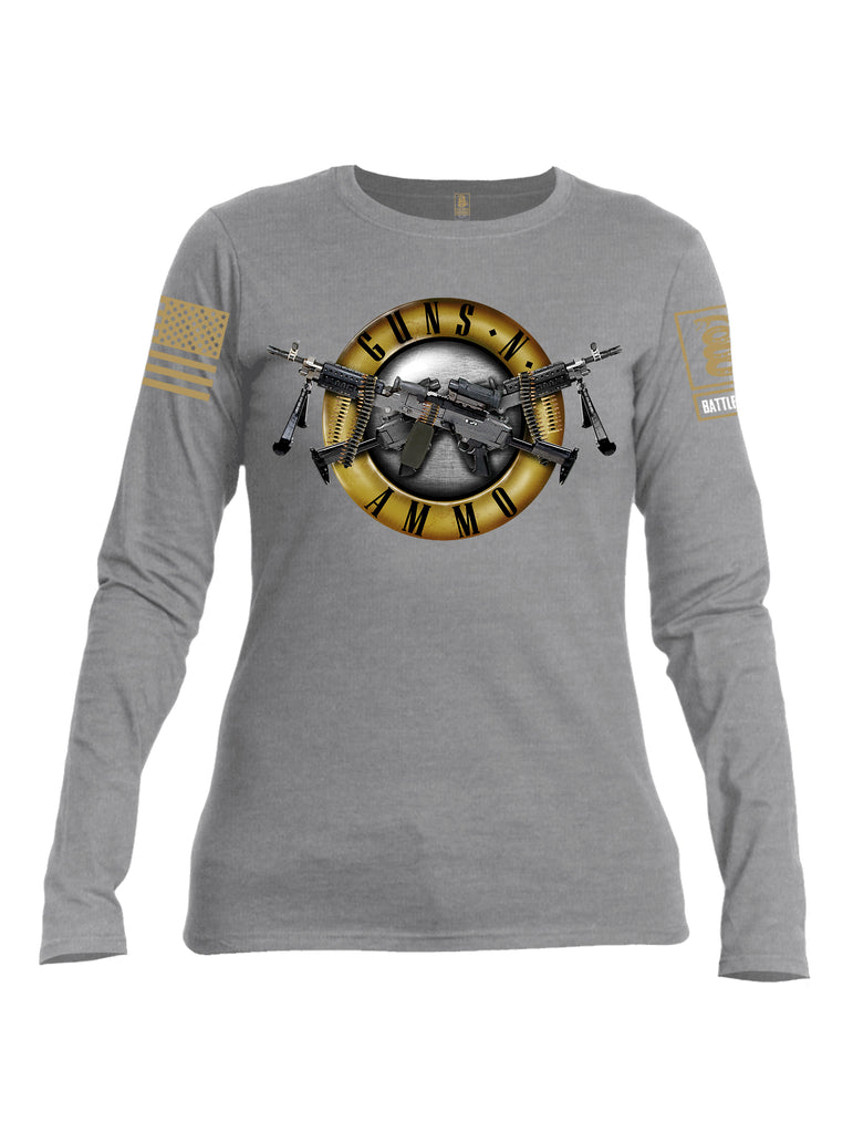 Battleraddle Guns N Ammo Brass Sleeve Print Womens Cotton Long Sleeve Crew Neck T Shirt