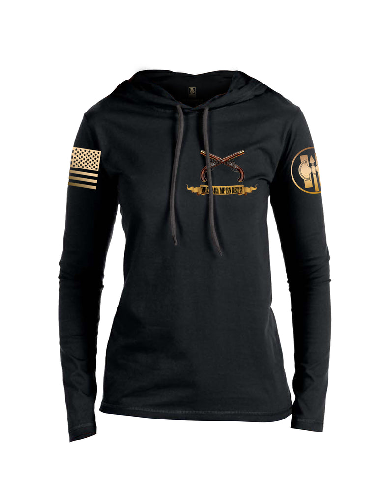 Battleraddle HHC 324th MP BN Det 3 Lock Em Up Lock It Down TFCF Camp Airifjan Kuwait October 2018 - July 2019 Brass Sleeve Print Womens Thin Cotton Lightweight Hoodie