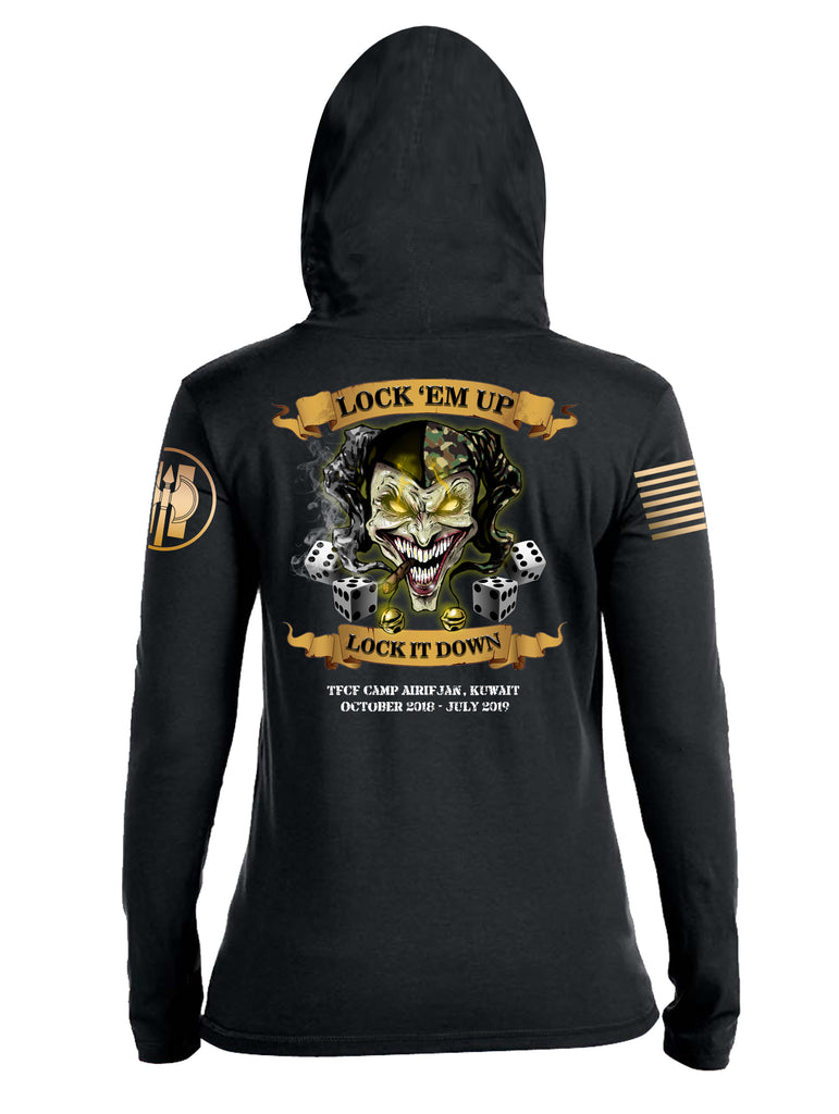 Battleraddle HHC 324th MP BN Det 3 Lock Em Up Lock It Down TFCF Camp Airifjan Kuwait October 2018 - July 2019 Brass Sleeve Print Womens Thin Cotton Lightweight Hoodie