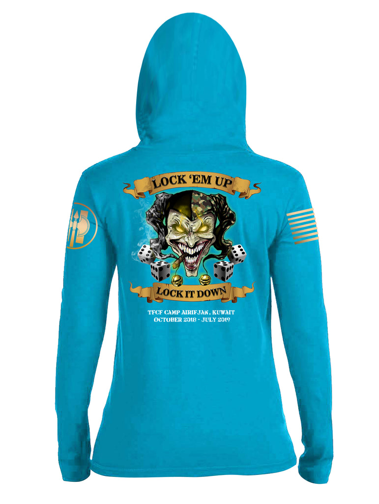 Battleraddle HHC 324th MP BN Det 3 Lock Em Up Lock It Down TFCF Camp Airifjan Kuwait October 2018 - July 2019 Brass Sleeve Print Womens Thin Cotton Lightweight Hoodie