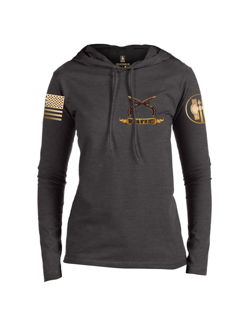 Battleraddle HHC 324th MP BN Det 3 Lock Em Up Lock It Down TFCF Camp Airifjan Kuwait October 2018 - July 2019 Brass Sleeve Print Womens Thin Cotton Lightweight Hoodie