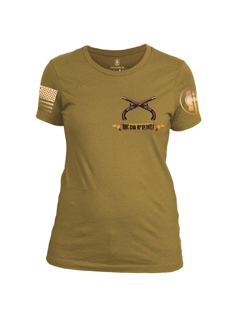 Battleraddle HHC 324th MP BN Det 3 Lock Em Up Lock It Down TFCF Camp Airifjan Kuwait October 2018 - July 2019 Brass Sleeve Print Womens Cotton Crew Neck T Shirt
