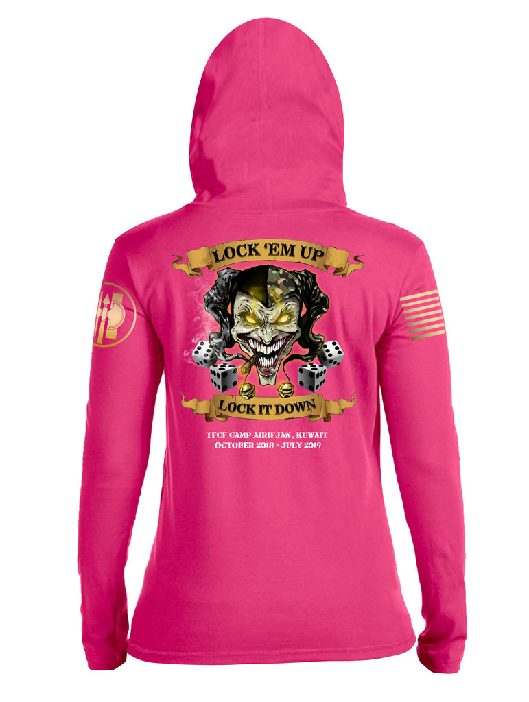 Battleraddle HHC 324th MP BN Det 3 Lock Em Up Lock It Down TFCF Camp Airifjan Kuwait October 2018 - July 2019 Brass Sleeve Print Womens Thin Cotton Lightweight Hoodie