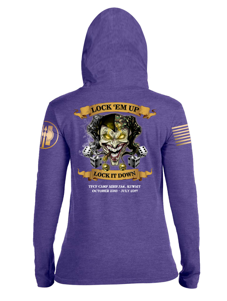 Battleraddle HHC 324th MP BN Det 3 Lock Em Up Lock It Down TFCF Camp Airifjan Kuwait October 2018 - July 2019 Brass Sleeve Print Womens Thin Cotton Lightweight Hoodie