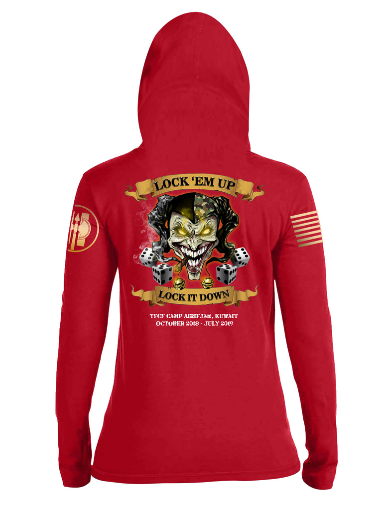 Battleraddle HHC 324th MP BN Det 3 Lock Em Up Lock It Down TFCF Camp Airifjan Kuwait October 2018 - July 2019 Brass Sleeve Print Womens Thin Cotton Lightweight Hoodie