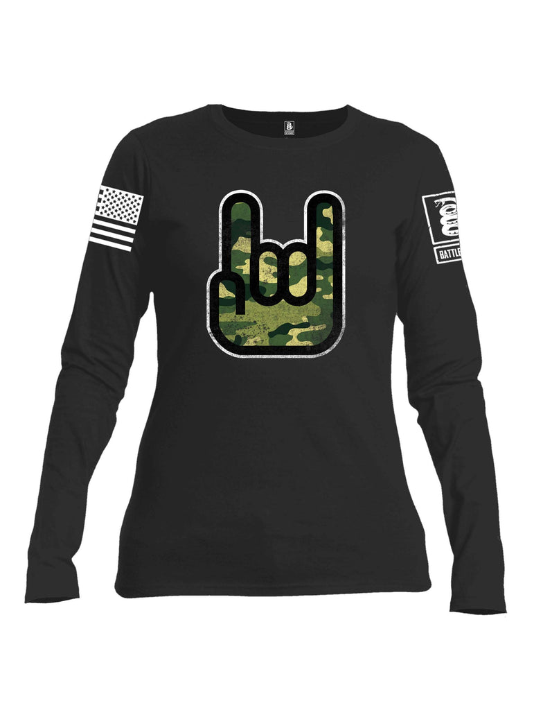 Battleraddle Hand Gesture Camo White Sleeve Print Womens Cotton Long Sleeve Crew Neck T Shirt