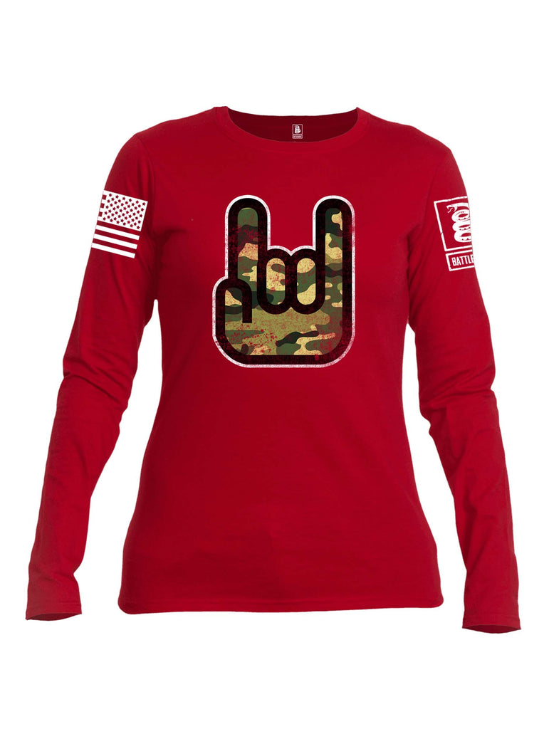 Battleraddle Hand Gesture Camo White Sleeve Print Womens Cotton Long Sleeve Crew Neck T Shirt
