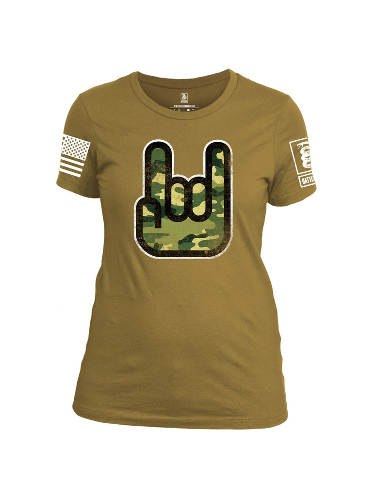 Battleraddle Hand Gesture Camo White Sleeve Print Womens Cotton Crew Neck T Shirt