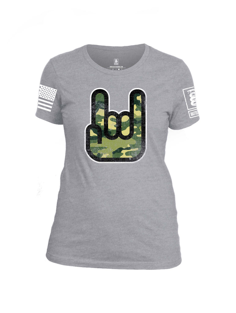 Battleraddle Hand Gesture Camo White Sleeve Print Womens Cotton Crew Neck T Shirt