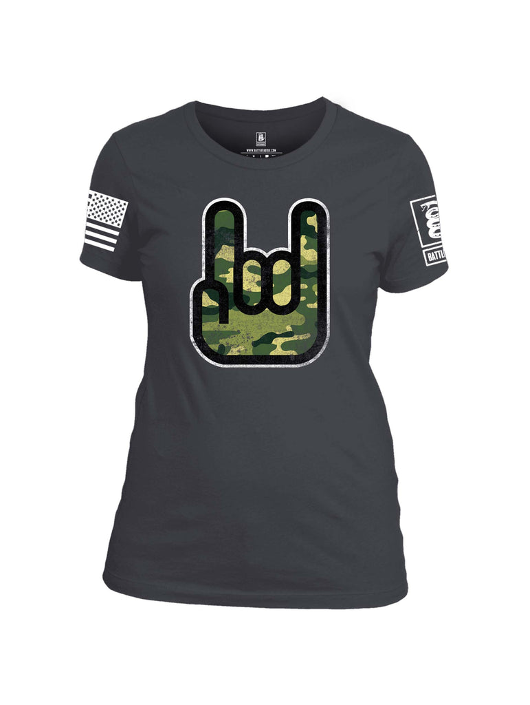 Battleraddle Hand Gesture Camo White Sleeve Print Womens Cotton Crew Neck T Shirt