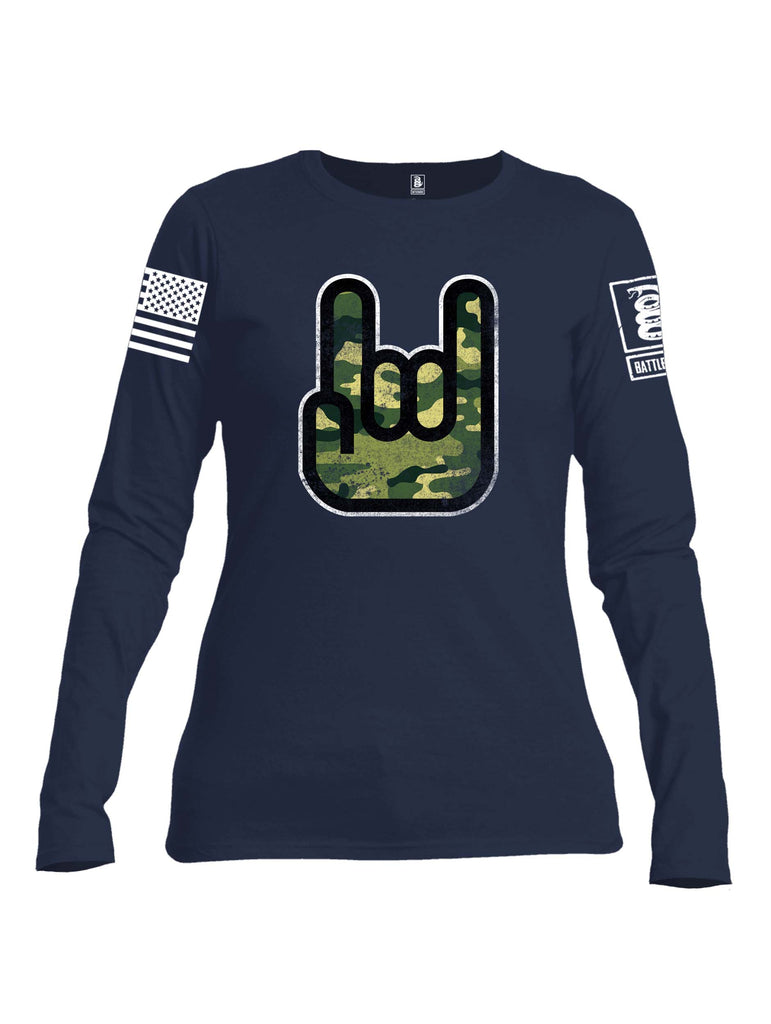 Battleraddle Hand Gesture Camo White Sleeve Print Womens Cotton Long Sleeve Crew Neck T Shirt