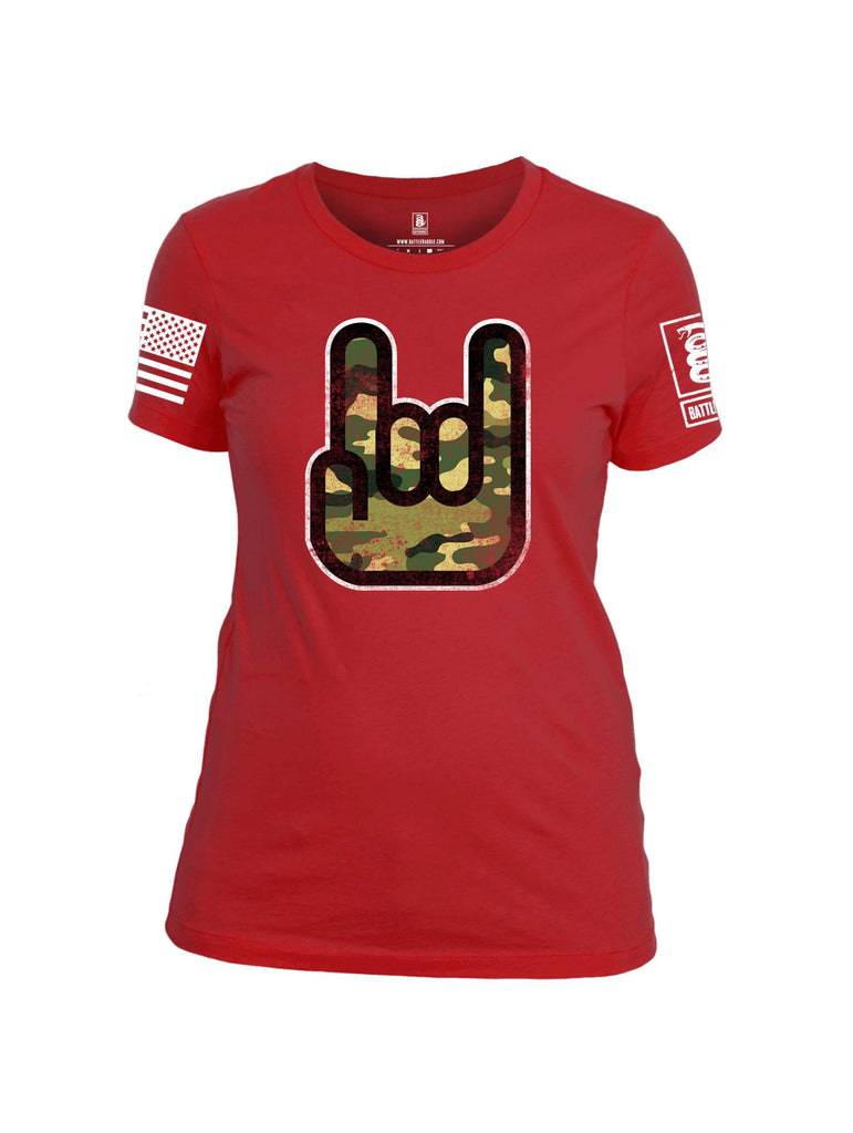 Battleraddle Hand Gesture Camo White Sleeve Print Womens Cotton Crew Neck T Shirt