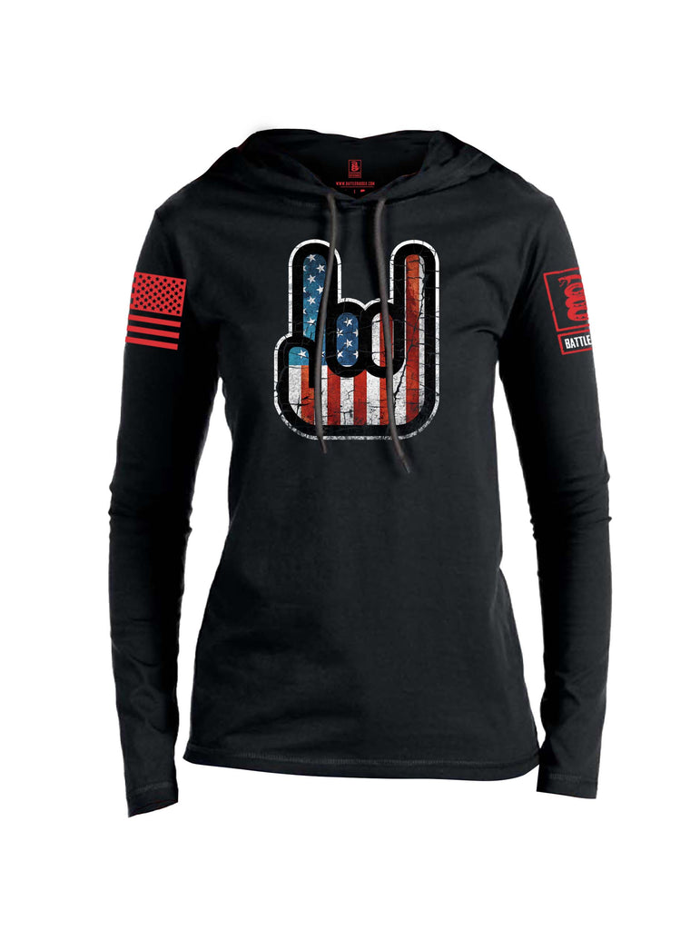 Battleraddle Hand Gesture USA FLAG Red Sleeve Print Womens Thin Cotton Lightweight Hoodie