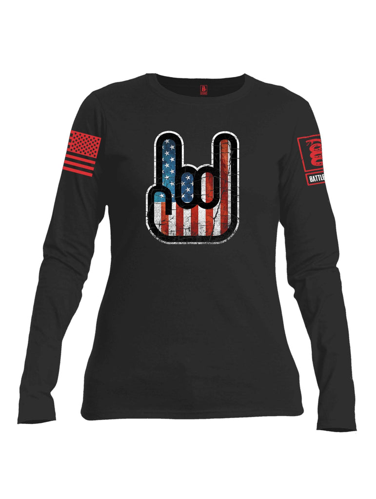 Battleraddle Hand Gesture USA Flag Red Sleeve Print Womens Cotton Long Sleeve Crew Neck T Shirt