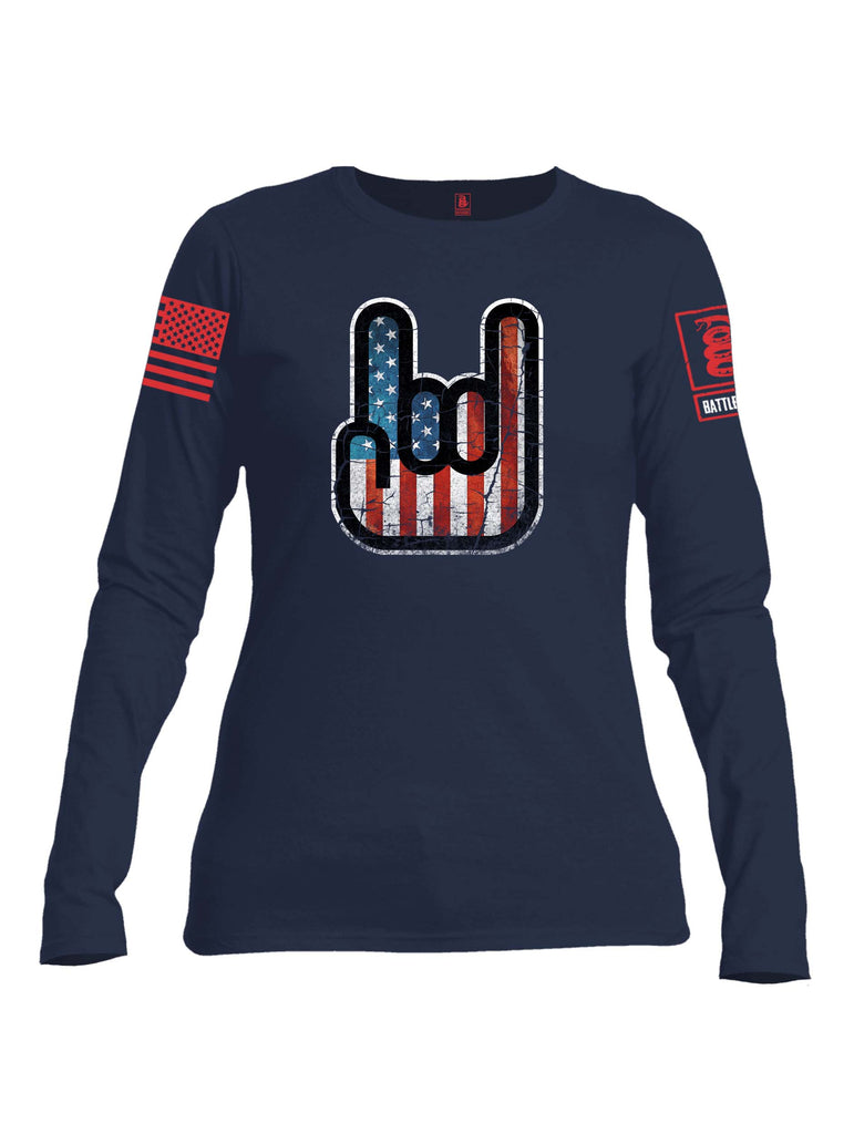 Battleraddle Hand Gesture USA Flag Red Sleeve Print Womens Cotton Long Sleeve Crew Neck T Shirt