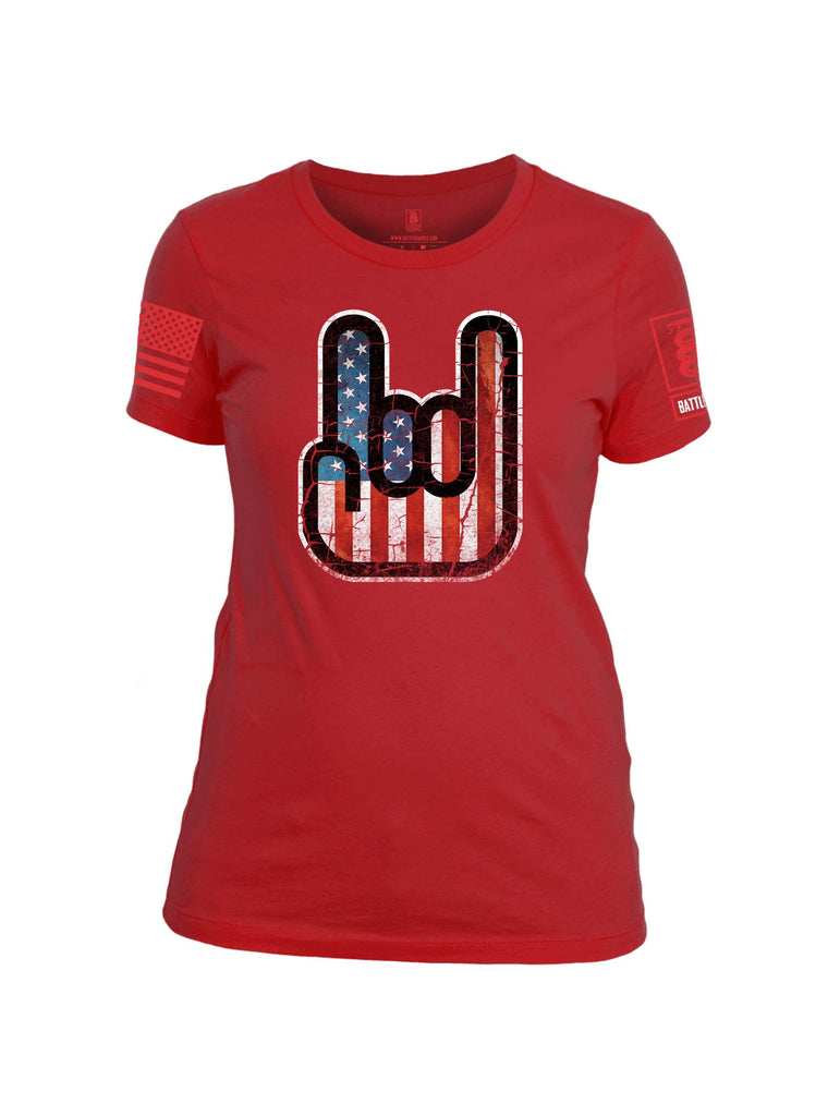 Battleraddle Hand Gesture USA Flag Red Sleeve Print Womens Cotton Crew Neck T Shirt