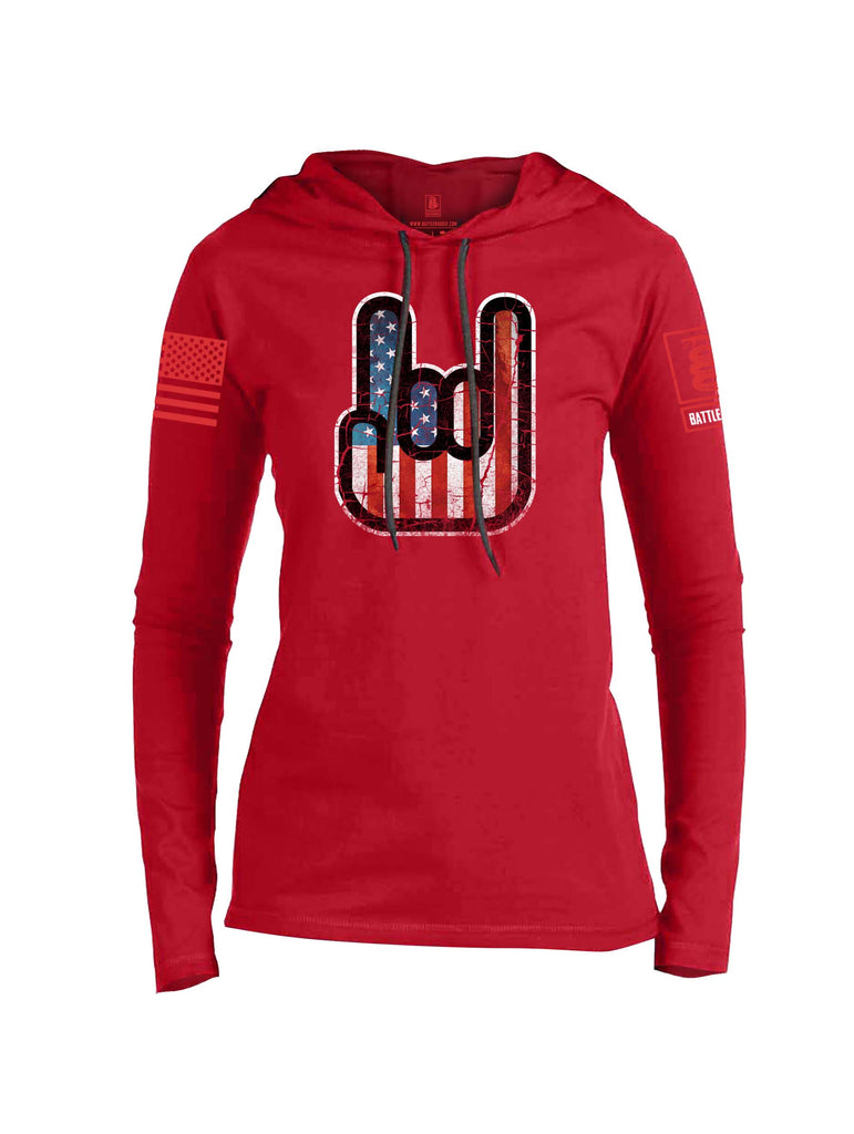 Battleraddle Hand Gesture USA FLAG Red Sleeve Print Womens Thin Cotton Lightweight Hoodie