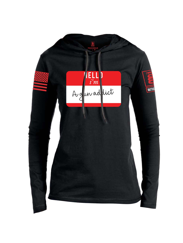 Battleraddle Hello I'm A Gun Addict Red Sleeve Print Womens Thin Cotton Lightweight Hoodie