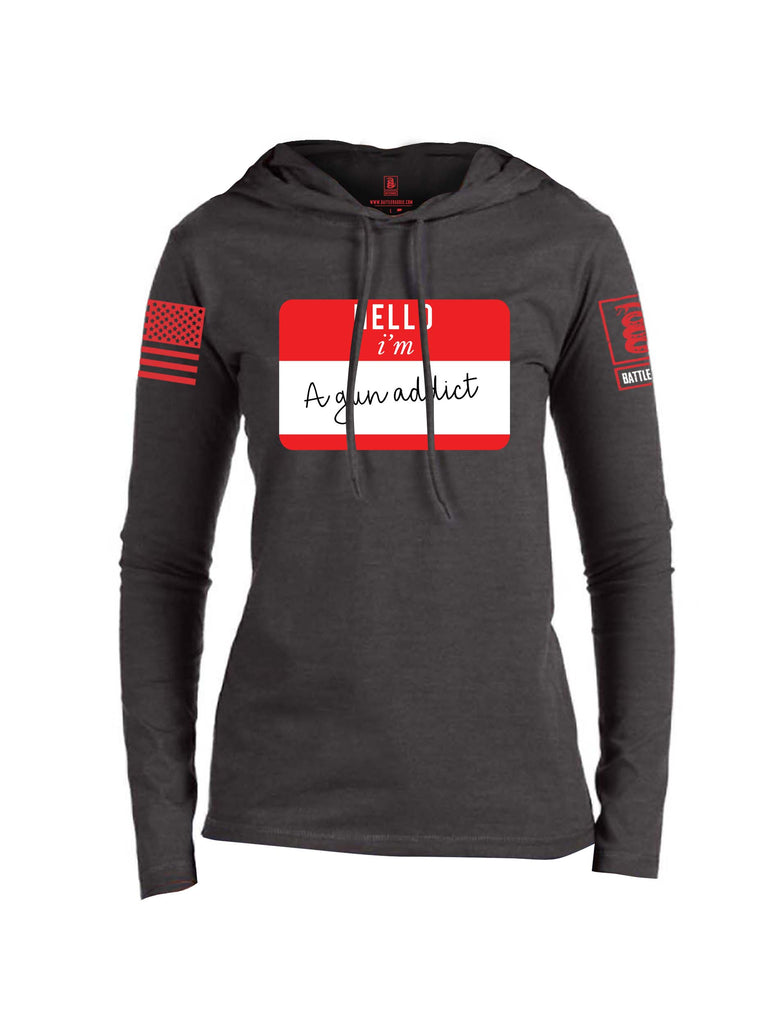 Battleraddle Hello I'm A Gun Addict Red Sleeve Print Womens Thin Cotton Lightweight Hoodie