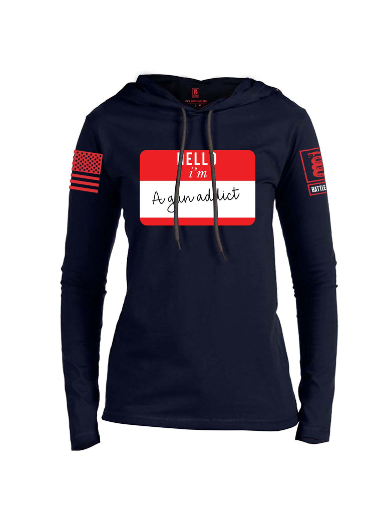 Battleraddle Hello I'm A Gun Addict Red Sleeve Print Womens Thin Cotton Lightweight Hoodie