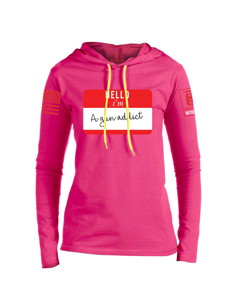 Battleraddle Hello I'm A Gun Addict Red Sleeve Print Womens Thin Cotton Lightweight Hoodie