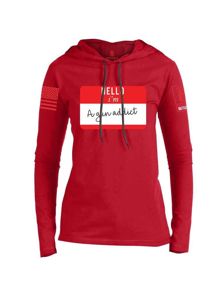 Battleraddle Hello I'm A Gun Addict Red Sleeve Print Womens Thin Cotton Lightweight Hoodie